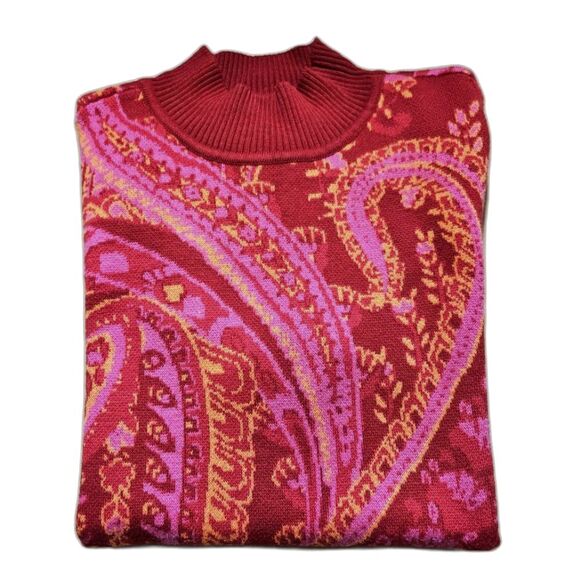 Isaac Mizrahi Live Bold Red & Pink Paisley Mock Turtleneck Short Sleeve Sweater - Picture 4 of 9